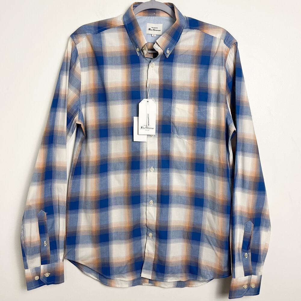 NWT Ben Sherman Plaid Long Sleeve Button Down Shirt Mens Medium Blue‎ Orange